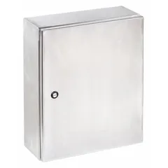 This WIEGMANN enclosure is constructed from 304 stainless steel with dimensions 20 in x 16 in x 6 in. It features a solid cover secured by a 1/4-turn latch and is rated NEMA 12/13/3R/4/4X for protection against dust, water, and corrosion. Knockouts are not included. Typical applications include housing electrical controls and instrumentation in industrial environments requiring washdown or corrosion resistance.
