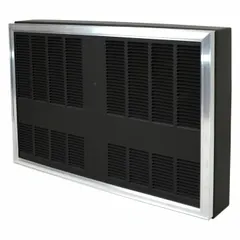 Surface-mount electric cabinet wall heater with fan-forced heating. Delivers 6000 W output and 350 cfm air flow. Operates on 277V AC, single phase. Suitable for heating commercial and industrial spaces such as warehouses and workshops.
