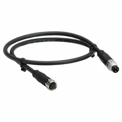 Double-ended cordset with M8 female straight and M8 male straight connectors, 3 pins, 5 m cable length. Black PUR jacket, 0.25 sq mm wire size, IP67 rating. Suitable for connecting sensors and actuators in industrial automation and robotics where resistance to abrasion and chemicals is required.