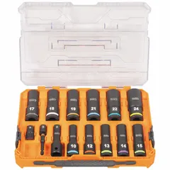 This 14-piece metric impact socket set includes sizes from 10 mm to 24 mm with a 1/2 in drive. The sockets feature a manganese phosphate finish for corrosion resistance. Designed for use with impact tools in high-torque fastening and loosening applications.