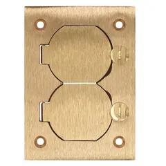 Rectangular brass floor box cover with a brushed gold finish. Used to protect and conceal electrical floor boxes, providing a flush-mount access point for power and data connections in commercial or industrial settings.