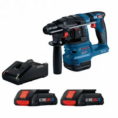 BOSCH Rotary Hammer Kit: L-Shape, 18V DC, SDS-Plus, 3/4 in max, (2) 4.0 Ah, 1.4 ft-lb - Bosch Cordless Rotary Hammers