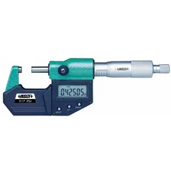 This IP65-rated digital outside micrometer measures 5 in to 6 in (125 mm to 150 mm) with 0.00005 in / 0.001 mm resolution and ±0.00015 in accuracy. It features inch/metric conversion and splash-resistant construction for use in wet or dusty shop environments. Includes a Certificate of Inspection Traceable to NIST. No SPC output.