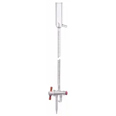 Class A glass buret with 50 mL capacity, 0.1 mL increment, and ±0.05 mL tolerance. Made from borosilicate glass, 740 mm length. Used for precise liquid titration and volumetric analysis in laboratory settings.