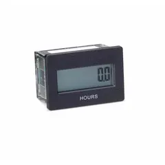 Digital hour meter with rectangular bezel for flush front panel mounting. Displays operating time in tenth-hour increments. NEMA 4 rated enclosure suitable for indoor or outdoor use where protection from dust and water splashes is required. Complies with CUL standards.