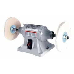 This fixed-speed bench buffer is powered by a 3/4 hp motor operating at 3450 RPM and accepts wheels up to 8 inches in diameter. It runs on 120/240V AC single-phase power. Suitable for deburring, polishing, and finishing metal parts in maintenance and fabrication shops.
