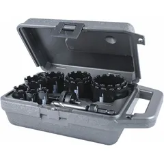 This 11-piece hole saw kit features carbide grit construction with 5/6 teeth per inch for cutting abrasive materials. Maximum cutting depth is 1 15/16 inches. Suitable for cutting holes in tile, brick, block, and fiberglass for plumbing, electrical, and HVAC installations.