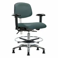 This ISO 5 cleanroom task chair features a vinyl seat and back, aluminum base, and foot support. Height adjusts from 21 1/2 in to 29 in, with seat tilt 8° forward to 3° backward and back tilt 10.5° forward to 13.5° backward. Not ESD safe. Suitable for controlled environments requiring low particle generation