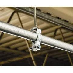Galvanized steel screw-on hanger for 1/2 in trade size EMT and RMC conduit, 1/2 in pipe, and cable with outer diameter between 0.67 in and 0.84 in. Features a 1/2 in flange thickness, 0.25 in mounting hole, and 50 lb load capacity. cULus listed. Suitable for securing conduit and cable runs to structural surfaces in indoor and covered outdoor applications.
