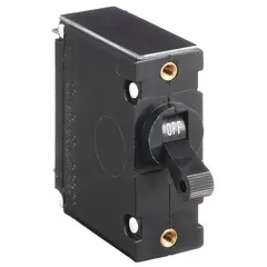 This toggle-style miniature circuit breaker is designed for front panel mounting with a threaded insert and #10-32 screw terminals. Rated 10 A at 250V AC and 65V DC, it provides overcurrent protection in control panels, HVAC equipment, and power distribution systems. Depth is 2.69 inches.
