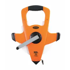 KESON NRS18300 open-reel long tape measure with a 300 ft steel blade featuring SAE graduations of 1/8 in. The single-sided blade has a nonmagnetic single hook end for assisted measuring. Housed in a plastic case, it is suited for large-scale distance measurement tasks such as construction layout and surveying.