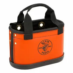 This orange plastic bucket bag measures 14 inches wide by 10 inches high and features an open top with 15 pockets. Drain holes allow water and debris to escape. It is used for organizing and carrying tools and accessories on job sites.