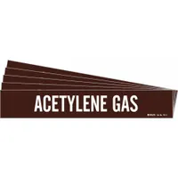 Adhesive pipe marker for identifying acetylene gas lines. Brown background with white legend text. Fits pipe outer diameters from 2-1/2 to 7-7/8 inches. Pack of 5 markers without directional arrows, suitable for straight pipe runs in industrial facilities