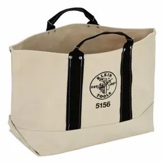 Black canvas tool tote with one inside pocket for organizing small items. Measures 16-1/2 inches wide by 9 inches deep by 15 inches high. Suitable for carrying hand tools and equipment on job sites.