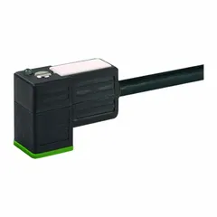 Single-ended cordset with DIN Form C female right-angle connector on one end and bare wires on the other. Features 3 pins, 18 AWG wire size, 5 m PVC cable with black jacket, and IP67 rating. Used for connecting solenoid valves and sensors in industrial automation.