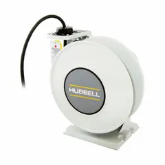 This hardwired self-retracting cord reel provides 80 ft of 10 AWG SJO cord in white, terminating in bare wire for direct connection. It is suited for overhead cord management in workshops, assembly lines, and maintenance areas where controlled extension and retraction are required.
