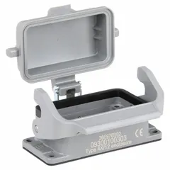 Bulkhead-mount rectangular connector housing made of aluminum die-cast in gray. Features IP65 protection, single lever locking, and NBR seal. Operating temperature range -40 to 125 °C. Suitable for industrial enclosures requiring weather-resistant connections.