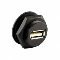 This USB 2.0 female connector is designed for panel mounting and features a black phosphor bronze housing. With an IP67 rating, it provides protection against dust and water ingress, suitable for use in industrial control panels, outdoor kiosks, and machinery requiring reliable data connectivity. Operating temperature range is -20°C to 80°C.