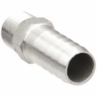 This 316 stainless steel rigid barbed hose fitting connects 3/4 in hose I.D. to NPT threaded ports. It features a male x male gender with a hex nipple grip for secure installation. Suitable for air, water, and chemical transfer in industrial fluid handling and pump systems