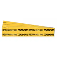 Adhesive pipe marker with yellow background and black legend reading 'Medium Pressure Condensate'. Fits pipe outer diameters from 3/4 to 2-3/8 inches. Supplied without directional arrows in a 5-pack. Used to identify medium pressure condensate lines in industrial piping systems