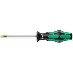 This WERA screwdriver features a T10 Torx tip with friction-style engagement for secure fastening. The standard-length shaft and ergonomic Kraftform handle support general-purpose assembly and maintenance tasks.