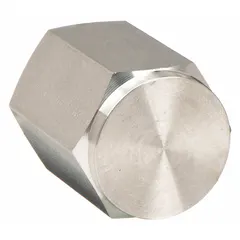 316 stainless steel hex drive cored cap for extreme pressure instrumentation pipe fittings. 3/8 in NPT threaded connection, 1 1/32 in length, rated to 5,300 psi. Seals high-pressure fluid systems in hydraulic, pneumatic, and process instrumentation applications.