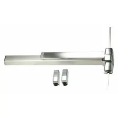 This surface vertical rod push bar from VON DUPRIN features a chrome finish and is designed for doors up to 3 ft wide. It includes a touchbar for egress actuation and a night latch for secure locking. Suitable for commercial and industrial door applications requiring reliable exit hardware.