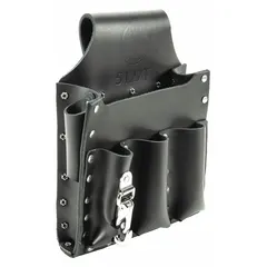 Black leather tool pouch with six pockets and open-top closure. Attaches to belts up to 2.5 inches wide via belt slot. Designed for carrying pliers and other hand tools in electrical, maintenance, and industrial applications.