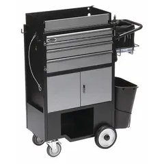 This heavy-duty tool utility cart provides secure storage for tools and parts in its drawers and cabinets. It measures 37 1/2 inches wide, 14 1/2 inches deep, and 45 inches high, with no lid. A padlock is included for security. Suitable for industrial workshops, maintenance facilities, and assembly lines where compact footprint and organized storage are required.