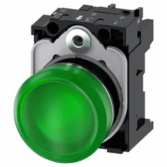 Green LED pilot light from the Siemens 3SU series for 22 mm panel mounting. Rated for 110 V AC supply voltage. Provides visual status indication on control panels and machinery.
