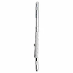 Single-end scriber with a carbide permanent tip set at a 90° angle. Features a non-threaded tip design and a magnetic aluminum knurled body. Used for marking lines and angles on metal surfaces in layout and fabrication work.