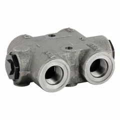 Double pilot-operated check valve with cast iron body. Inlet and outlet connections are SAE O-Ring Boss. Used in hydraulic circuits to block flow in one direction and allow free flow in the opposite direction when pilot pressure is applied, commonly for load holding or locking functions.