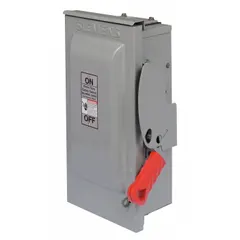 This Siemens fusible safety switch is rated for 60 A, three-phase, 240V AC applications. The galvanized steel enclosure allows for indoor or outdoor installation. It provides a visible disconnect for maintenance and overcurrent protection in commercial and industrial electrical systems.