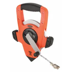Open-reel long tape measure with a 100 ft SAE steel blade featuring single-sided 1/8 in graduations. Equipped with a nonmagnetic single hook at the end and a plastic housing. Used for measuring distances in construction, surveying, and industrial layout applications.