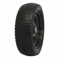 Flat-free polyurethane foam wheel with adjustable hub length for material handling equipment. 12 in diameter, 3 9/16 in width, 300 lb load capacity. Tire sidewall number 13x5.00-6. Suitable for industrial carts, dollies, and light-to-medium duty applications