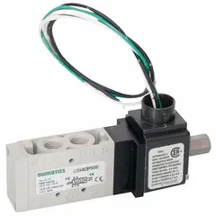Double solenoid, five-way/two-position directional control valve with solenoid return and non-locking manual override. Plug-in design for 24V DC operation. Suitable for directing compressed air in industrial pneumatic systems such as automation, packaging, and material handling equipment.