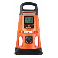 Portable area gas detector with integrated sampling pump for monitoring nitric oxide concentrations. Features an orange housing, nickel metal hydride battery, and peer-to-peer communication protocol. Suitable for use in industrial environments where continuous gas detection and data sharing among units are required.