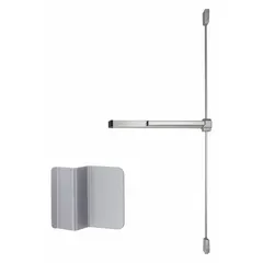 Rim-type exit device with touchbar style, constructed of aluminum. Designed for doors up to 4 ft wide. Includes dummy pull outside trim. ADA compliant. Suitable for commercial egress applications requiring code-compliant panic hardware.