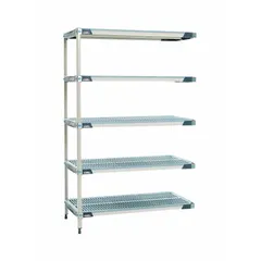 This shelving unit features a 304 stainless steel frame with five polymer shelves, offering antimicrobial resistance. With an overall height of 74 inches, it is suited for environments where hygiene and corrosion resistance are required, such as healthcare, food processing, and cleanroom facilities.