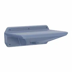 Polyethylene wall-mount desk in blue. Overall dimensions: 30 inches wide, 18 inches deep, 11 inches high. Designed for wall-mounted installation, providing a compact work surface for offices, control rooms, or workshops.
