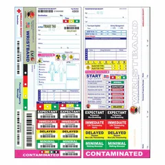 Wristband-style triage tags for rapid casualty categorization in mass-casualty incidents. Supplied in a 50-pack for field use by emergency responders. Color-coded design enables visual sorting by injury severity to support treatment prioritization and evacuation.