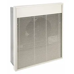 This large recessed electric wall heater from Dayton provides forced-air supplemental heating for commercial or industrial spaces. It operates on 240/277V AC single-phase power and offers selectable wattage output of 1500 W or 3000 W. The unit features a white grille and has rough-in dimensions of 18-1/4 in x 14-1/4 in x 3-7/8 in. It is non-programmable and mounts flush into a wall recess.