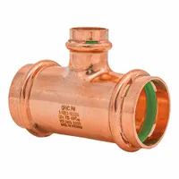 This copper or bronze press tee fitting is used to branch a 1-1/2 in CTS copper line into a 3/4 in CTS line in plumbing systems. It features a seal window for visual confirmation of proper press-fit installation. Suitable for potable water and hydronic heating applications