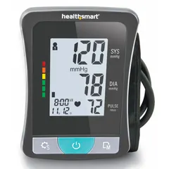 This arm-type blood pressure monitor is designed for adult patients. It features a black nylon cuff and an LCD monitor with a Visual BP Guide for clear readings. Suitable for routine blood pressure measurement in home or clinical settings.