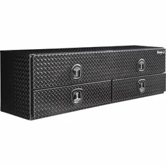 This topside box features a single flip-up door with T-handle compression latch and keyed lock for secure storage. The gloss black finish resists corrosion. Drawers provide organized storage for tools and equipment in service trucks and work vehicles.