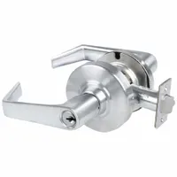 SCHLAGE ALX53P SAT 626 is an office lever lockset in the ALX Saturn design with a satin chromium-plated steel finish. It is ADA compliant and features an F109 function that allows key locking from the outside while the inside lever remains free for egress. Suitable for interior commercial doors where privacy is not required, such as offices, storage rooms, or utility rooms