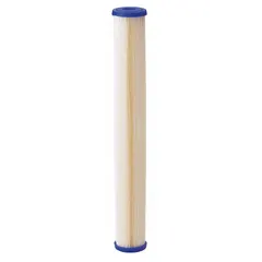 Pleated water filter cartridge with resin-impregnated pleated-cellulose polyester media. Rated at 20 micron with a flow rate of 10 gpm and 20-inch overall height. Used for sediment filtration in industrial water systems, including process water, cooling towers, and pre-treatment applications.