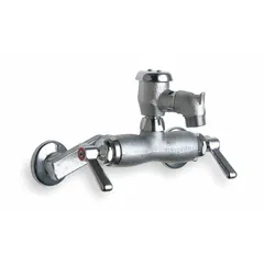Wall-mounted widespread utility faucet made of cast brass with a polished chrome finish. Includes a pail hook for hanging mop buckets. Suitable for commercial service sinks in janitorial closets, maintenance areas, and light industrial settings.