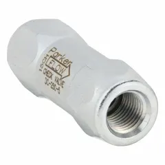 Steel-body check valve with 1/4 in NPT inlet and outlet connections. Allows flow in one direction only, preventing backflow in hydraulic systems. Rated for 3,000 psi and 8 gpm. Suitable for general purpose industrial applications such as power units, machine tools, and hydraulic circuits.