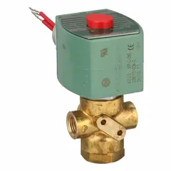 This REDHAT solenoid valve is a 3-way/2-position, normally closed type with a 1/4 in pipe size and 24V DC operation. It features a brass body and a watertight coil enclosure, suitable for controlling the flow of air, water, or light oil in industrial automation and fluid handling systems.